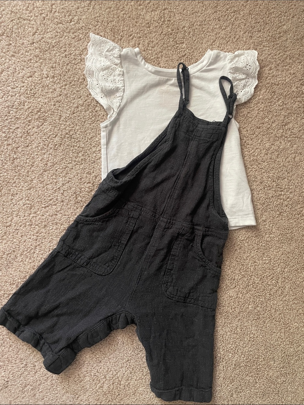 Black Short Overalls with White Eyelet Sleeve Top